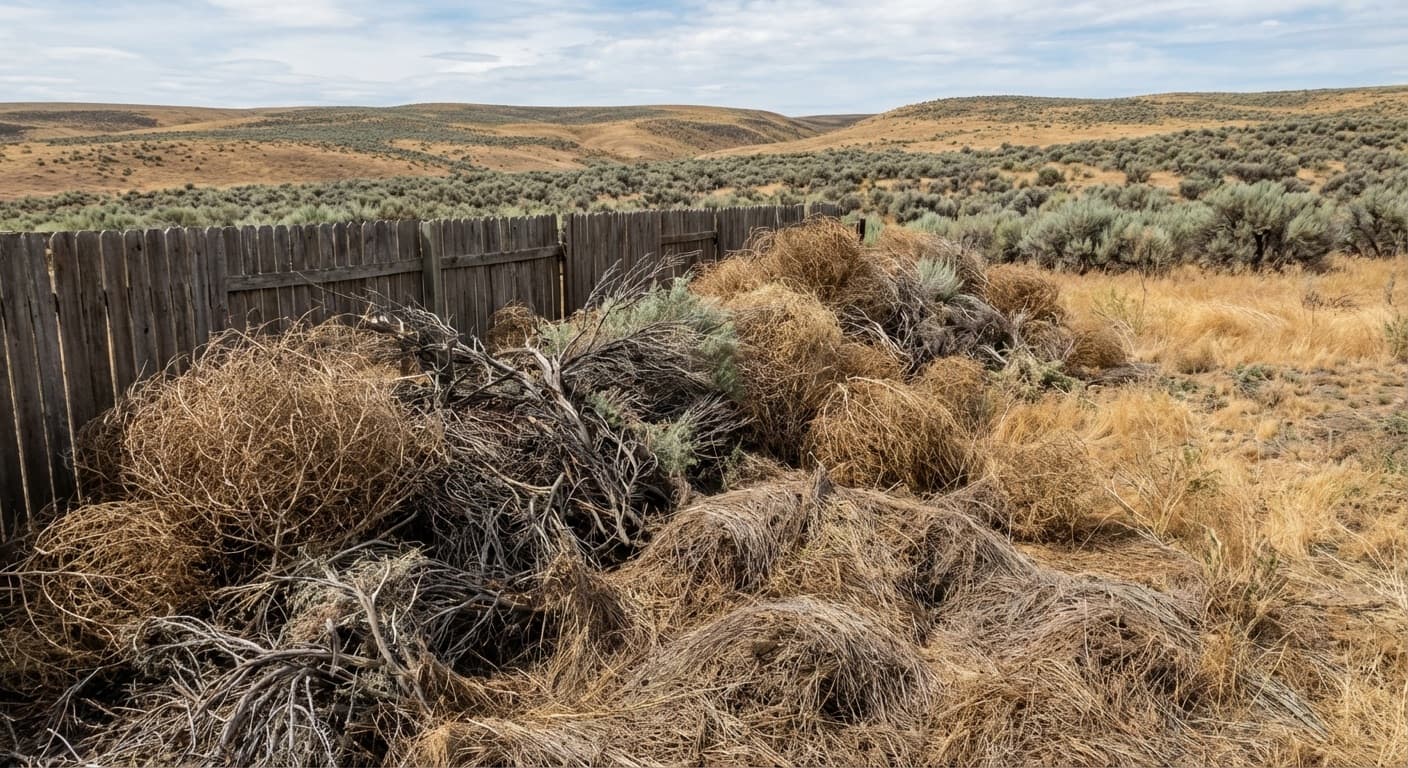Spring yard cleanup removing tumbleweeds and winter debris