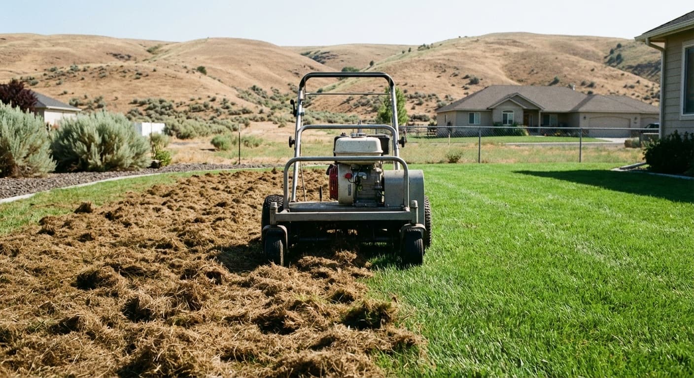 Dethatching a lawn in the Columbia Basin