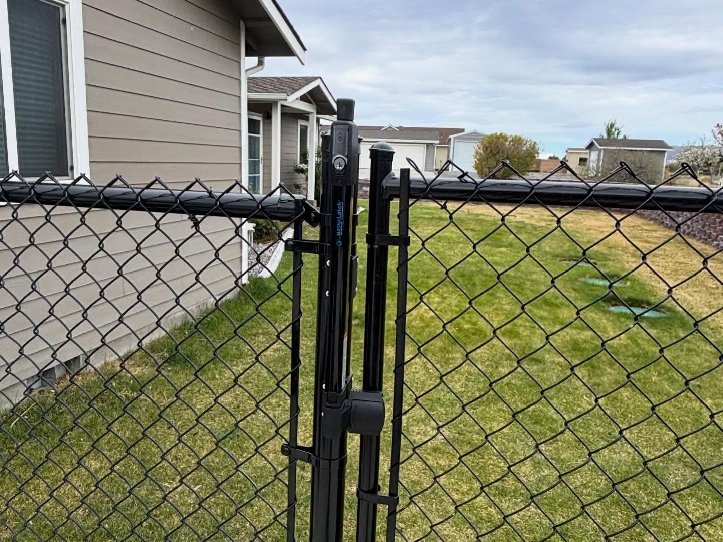 Black chain link gate with MagnaLatch latch